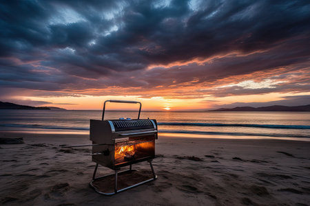 a grill on the beach, with a dramatic sunset in the background, created with generative aiの素材