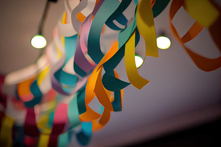 paper streamer hanging from ceiling, with lights and decorations visible in the background, created with generative aiの素材