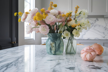 pastel flowers in clear vase on marble table, created with generative aiの素材