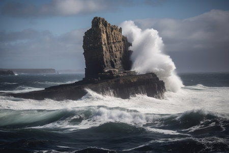 sea stack jutting out of the water, surrounded by crashing waves, created with generative aiの素材