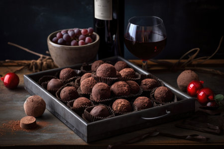 tray of decadent chocolate truffles paired with rich, fruity red wine, created with generative aiの素材
