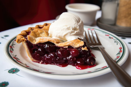 cherry pie being served with scoop of freshly whipped cream, created with generative aiの素材