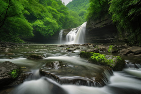 peaceful moment, with the sound of rushing water, and dramatic waterfall in the background, created with generative aiの素材