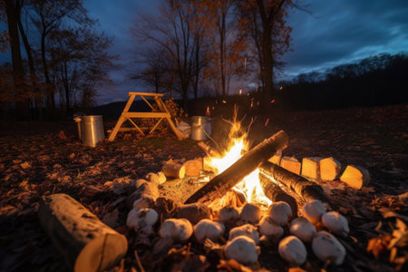 cozy bonfire with smores and marshmallows in the foreground, created with generative aiの素材