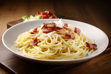 warm plate of spaghetti carbonara topped with crispy bacon, created with generative aiの素材