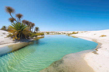 oasis with clear blue water, surrounded by dunes and palm trees, created with generative aiの素材