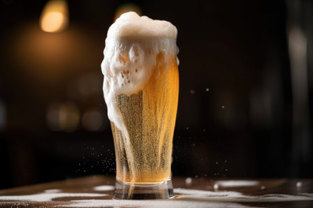 fizzing glass of beer with heady foam on top, created with generative aiの素材