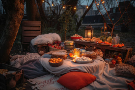 bonfire surrounded by cozy blankets and plates of food for bonfire party, created with generative aiの素材