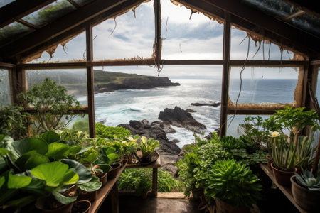greenhouse with view of the ocean, waves crashing against rocks, created with generative aiの素材