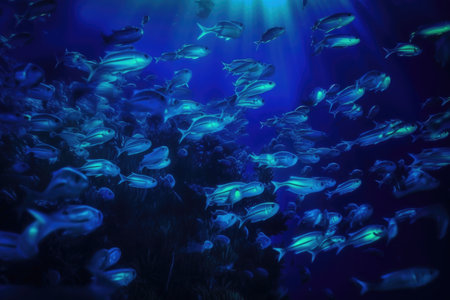 school of fish swimming in a neon blue underwater world, created with generative aiの素材