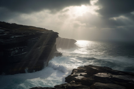 serene seascape with sun shining through the clouds and onto the cliffs, created with generative aiの素材