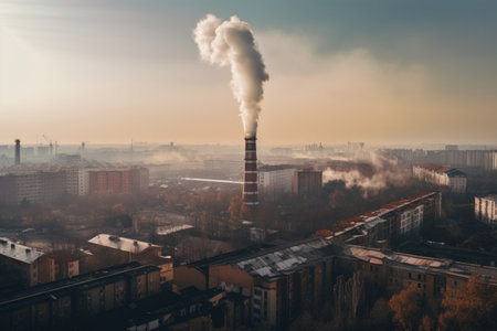 smokestack belching smoke into the sky, with polluted cityscape visible in the background, created with generative aiの素材