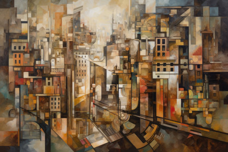 cubist painting of a cityscape, with blurred skyscrapers and busy streets, created with generative aiの素材