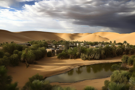 oasis, surrounded by towering dunes and dramatic sky, created with generative aiの素材