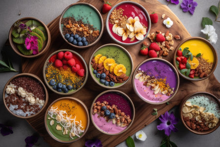 collection of smoothie bowls, each with unique toppings and mix-ins, created with generative aiの素材
