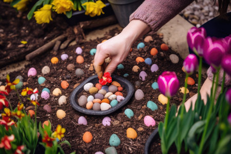 gardener, planting bulbs and seeds to create colorful blooms in garden, created with generative aiの素材