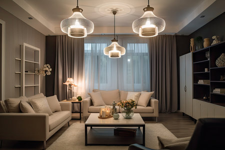 a living room with elegant lighting fixtures and lamps, creating a cozy and welcoming atmosphere, created with generative aiの素材