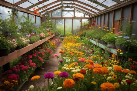 greenhouse with burst of colorful blooms and pollen-covered surfaces, created with generative aiの素材