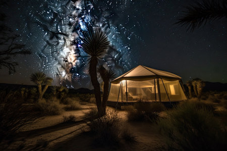 luxury tent, surrounded by desert oasis, with views of the starry night sky, created with generative aiの素材