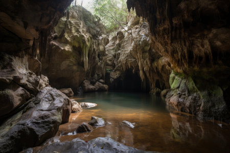 cave with waterfall cascading down the walls of the mountain, pooling in the bottom, created with generative aiの素材