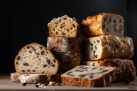 towering stack of artisan breads, with each slice cut perfectly and showing off their crusty texture and fluffy centers, created with generative aiの素材