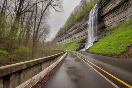 scenic highway, with view of cascading waterfall in the distance, created with generative aiの素材