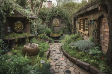 a whimsical garden with unexpected surprises, such as hidden pathways and secret gardens, created with generative aiの素材