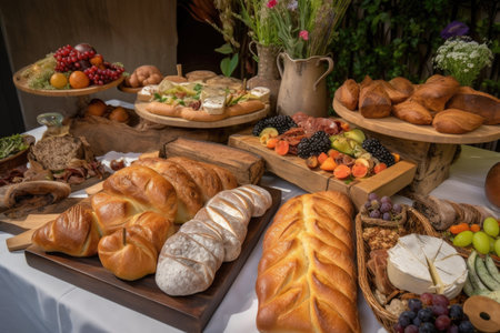 table of artisan breads, with variety of shapes and flavors for guests to enjoy, created with generative aiの素材
