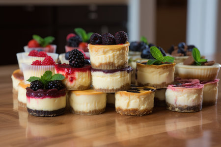 stack of miniature cheesecakes, each one with different flavor and topping, created with generative aiの素材