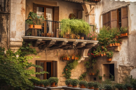 mediterranean house exterior with balcony and hanging plants, for a cozy and inviting outdoor space, created with generative aiの素材