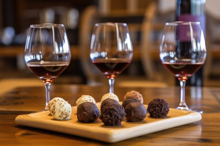 chocolate truffles and wine tasting flight at winery, created with generative aiの素材