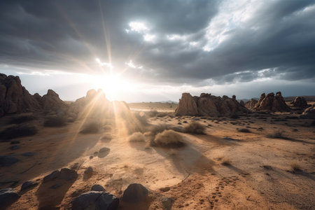 arid desert landscape with rock formations and sun rays shining through the clouds, created with generative aiの素材
