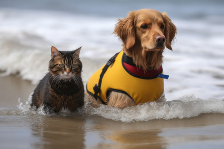 dog and cat lifeguards having a race to see who can reach the end of beach first, created with generative aiの素材