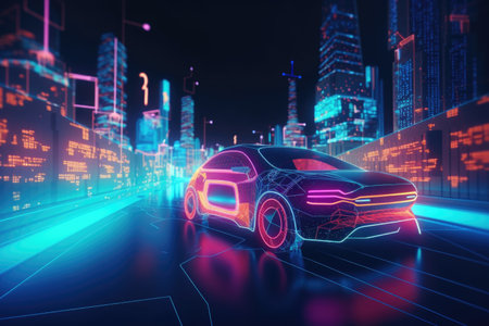 connected car on futuristic and colorful city street, created with generative aiの素材