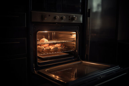 oven with warm glow and steam escaping, ready for baking or roasting, created with generative aiの素材