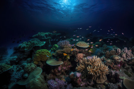 coral reef at night, with schools of fish and other marine life swimming around, created with generative aiの素材