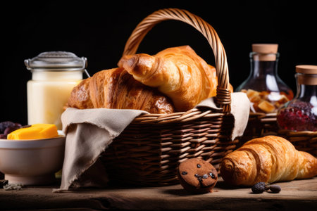 basket of warm croissants and pastries with sweet butter on top, created with generative aiの素材