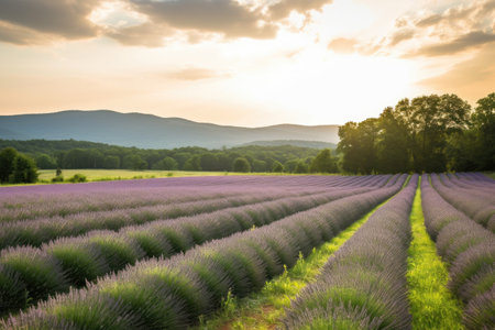 lavender field in the sun, with a view of the rolling hills, created with generative aiの素材