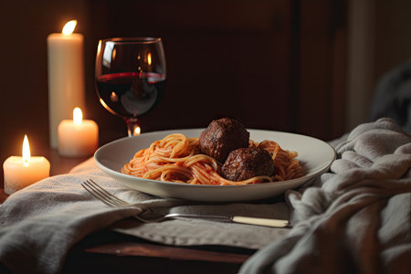 plate of spaghetti and meatballs in warm, cozy setting, created with generative aiの素材