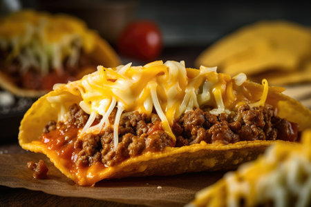 close-up of crispy taco shell, filled with seasoned ground beef and melted cheese, created with generative aiの素材