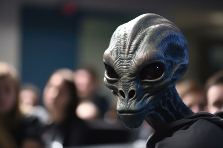 close-up of alien students face, with attentive and curious expression, in lecture hall, created with generative aiの素材