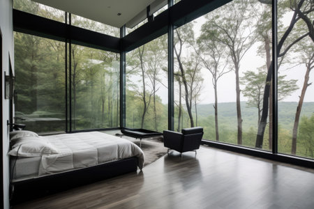 a minimalist room with a view of the stars, surrounded by the blackness of space, created with generative aiの素材