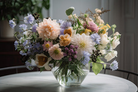 pastel flower bouquet arranged in crystal vase, created with generative aiの素材