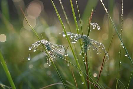 close-up of dew droplets on meadow grass, created with generative aiの素材