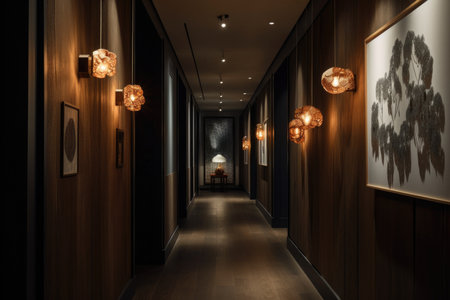 a dimly lit hallway with creative lighting, featuring a mix of warm and cool tones, created with generative aiの素材