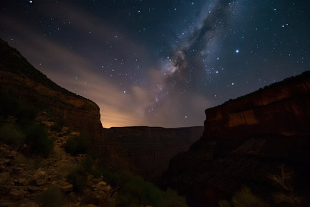 night sky, with stars and moon shining over canyon, created with generative aiの素材