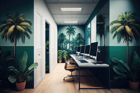 office with towering palm trees and exotic plants, bringing a tropical vibe to the workspace, created with generative aiの素材