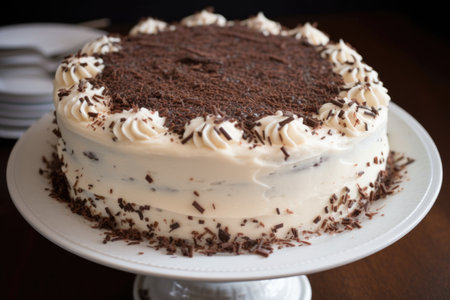 chocolate cake, topped with creamy frosting and sprinkle of chocolate shavings, created with generative aiの素材