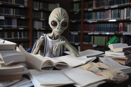 alien student, surrounded by books and notes, studying in the library, created with generative aiの素材