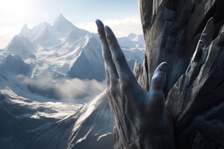 close-up of aliens hand, touching the surface of a majestic mountain range, created with generative aiの素材